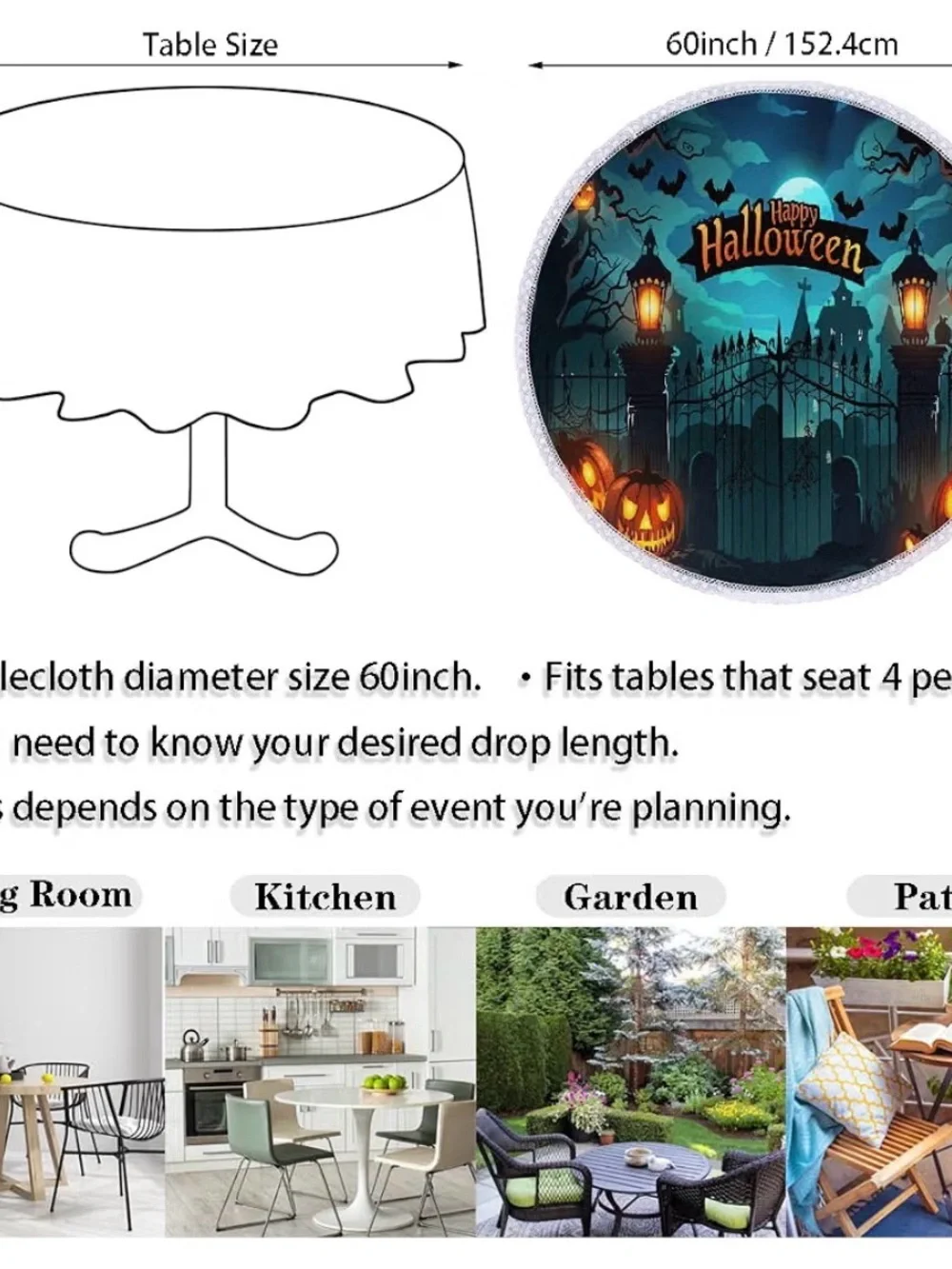 Halloween Castle Pumpkin Round Tablecloth 60